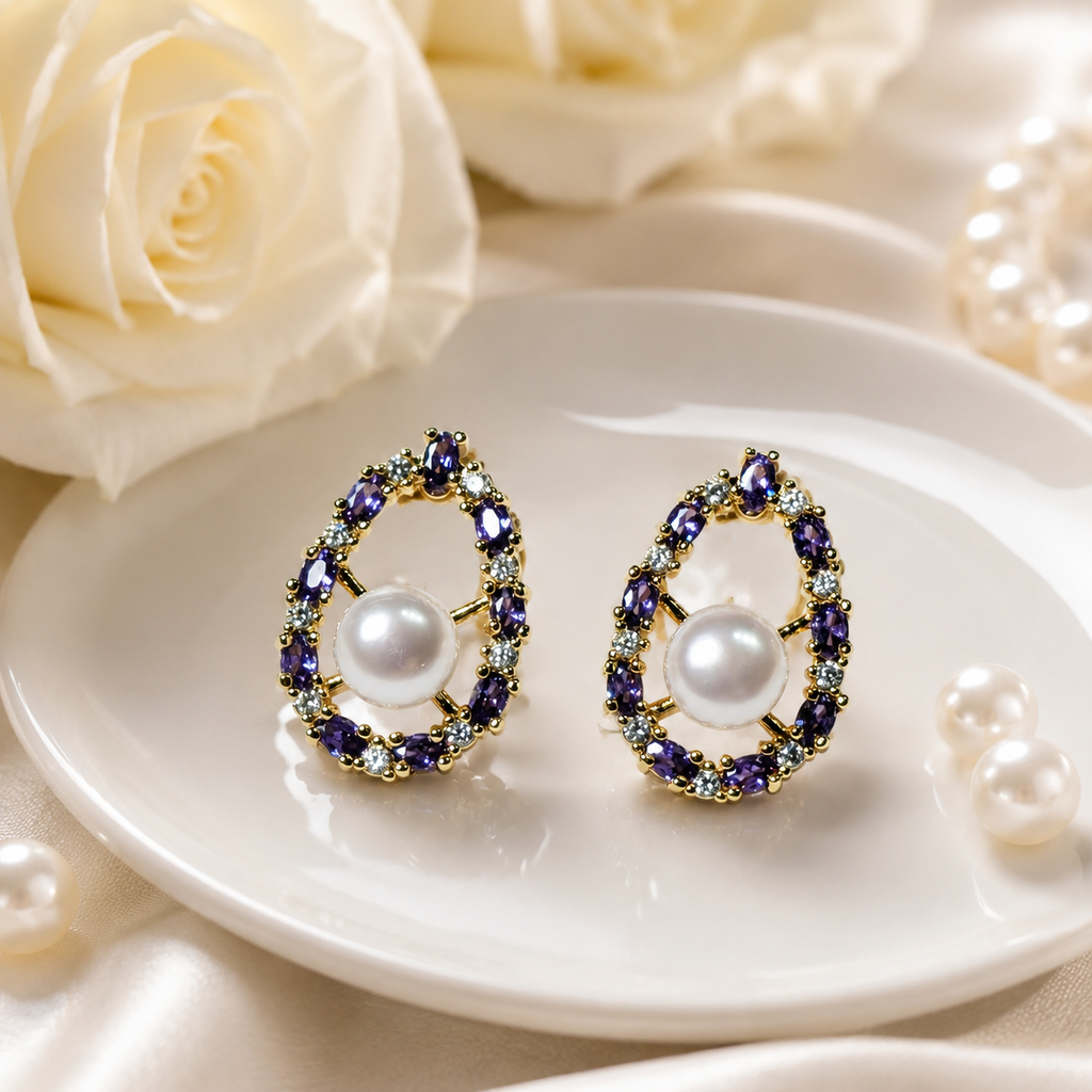 Purple CZ Pearl Studs - Marquise