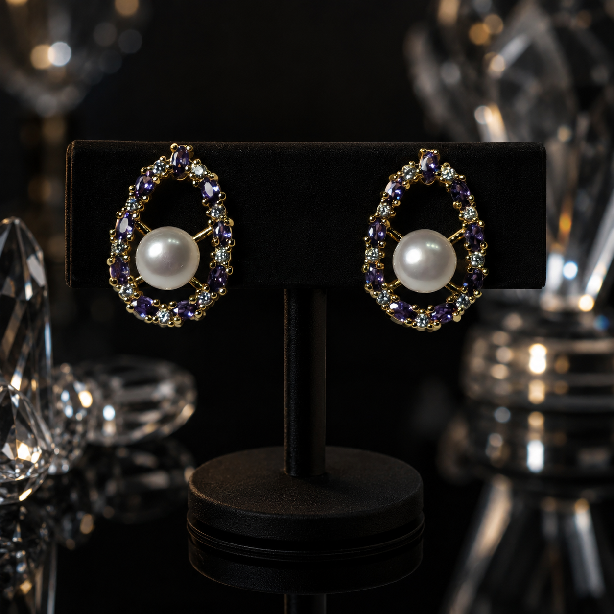 Purple CZ Pearl Studs - Marquise