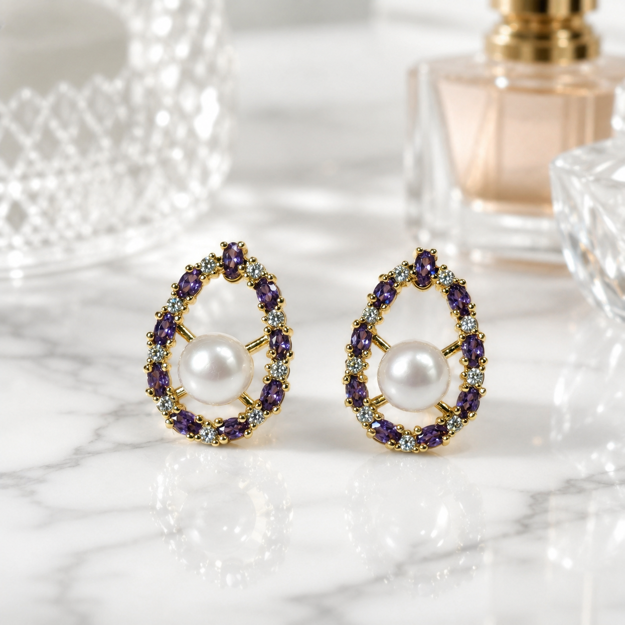 Purple CZ Pearl Studs - Marquise