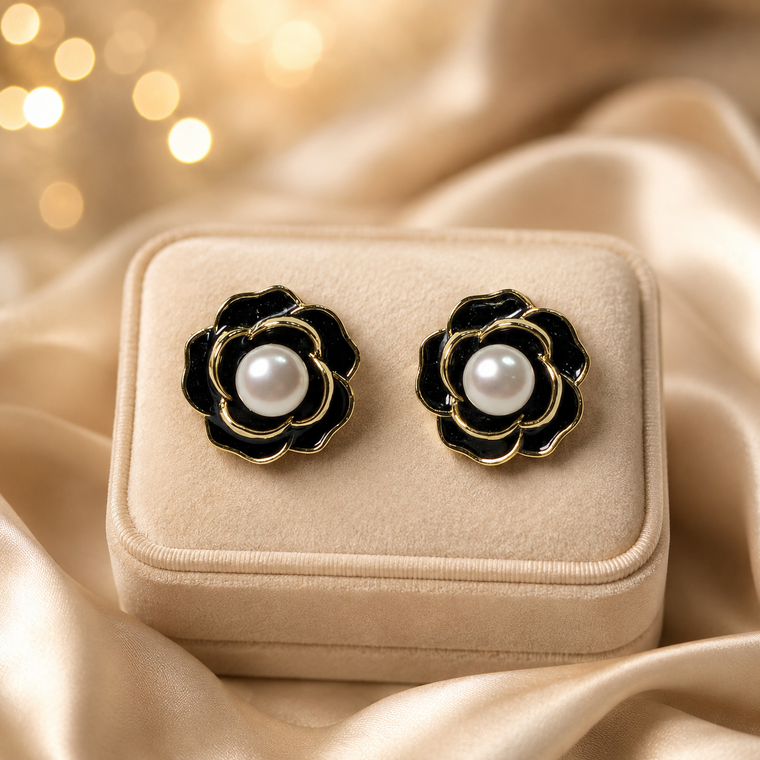 Black Enamel Camellia Freshwater Pearl Stud Earrings