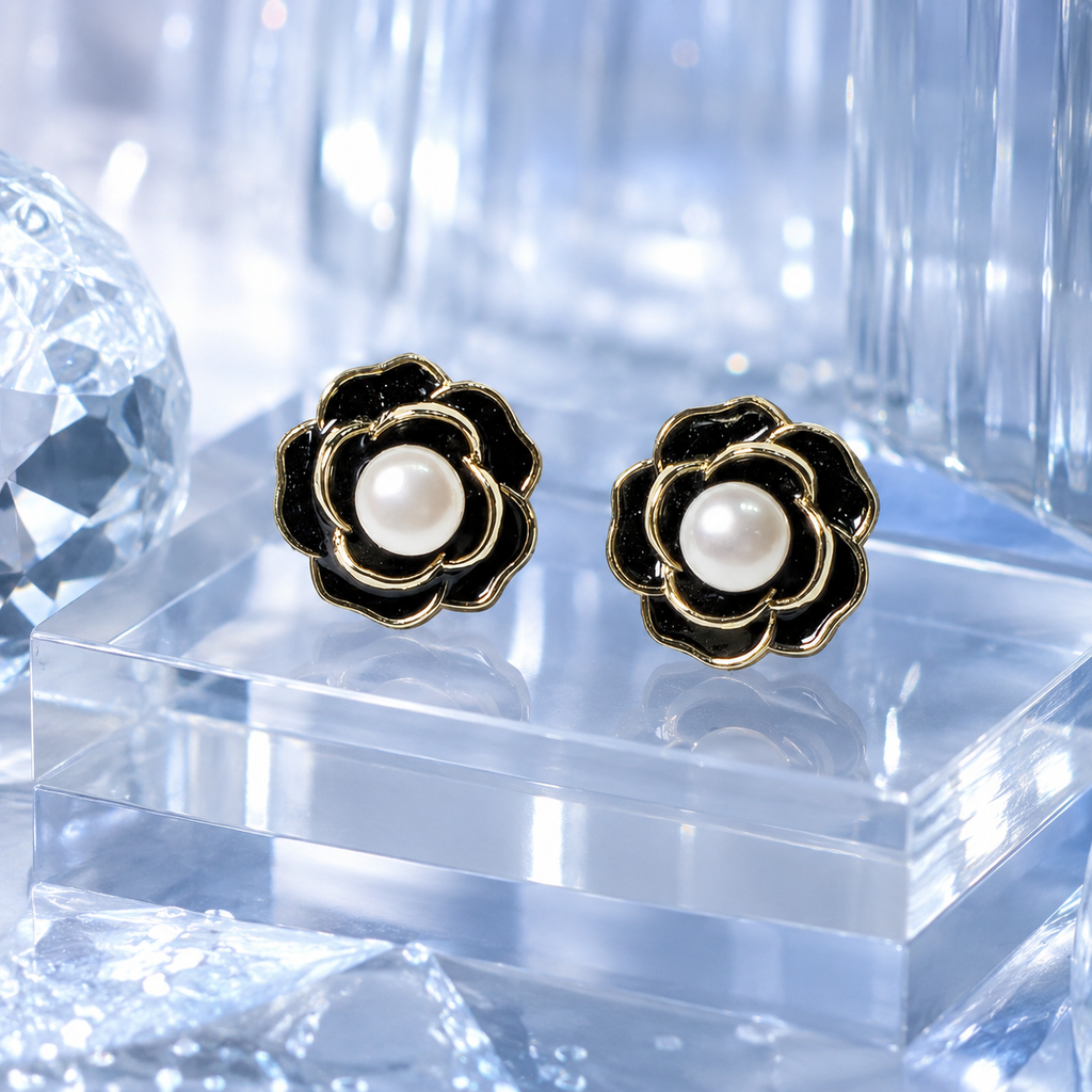 Black Camellia Pearl Studs