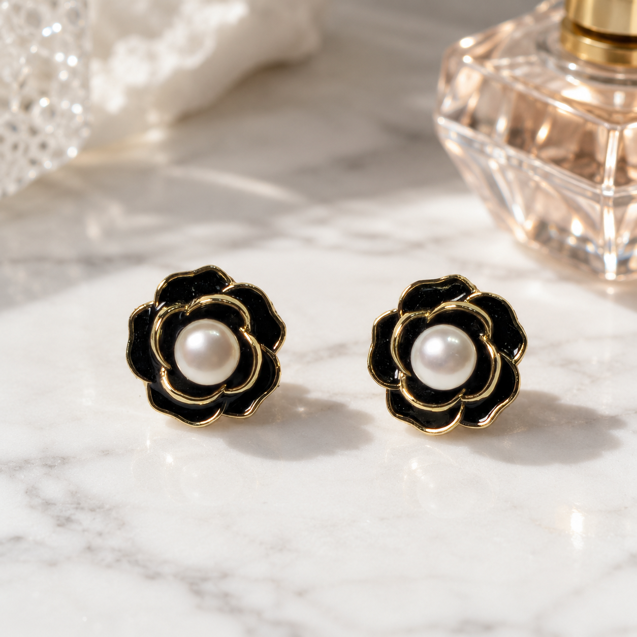 Black Camellia Pearl Studs