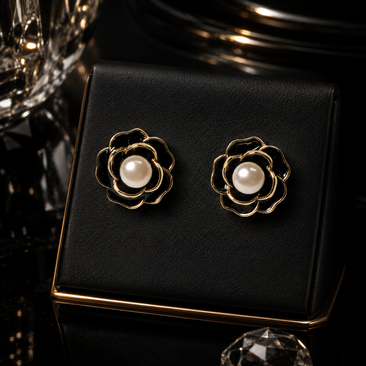 Black Camellia Pearl Studs