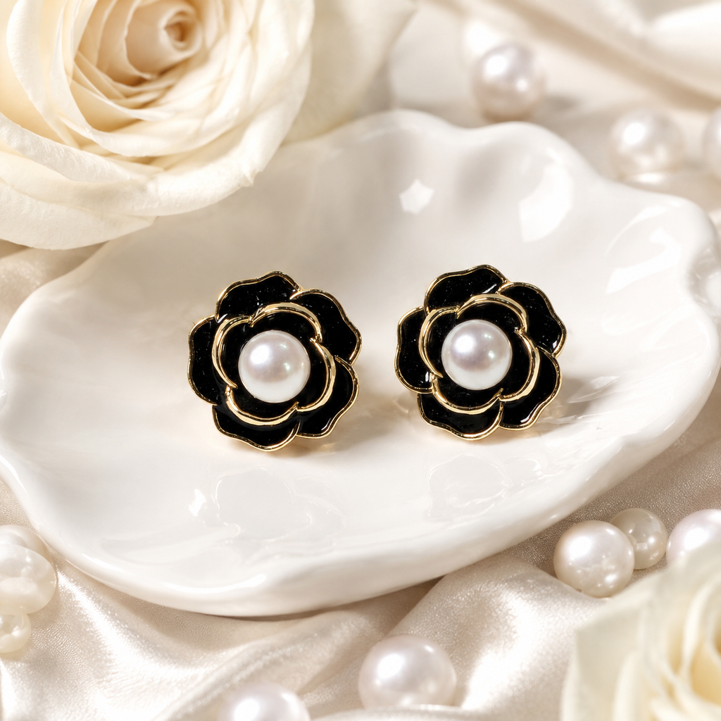 Black Camellia Pearl Studs