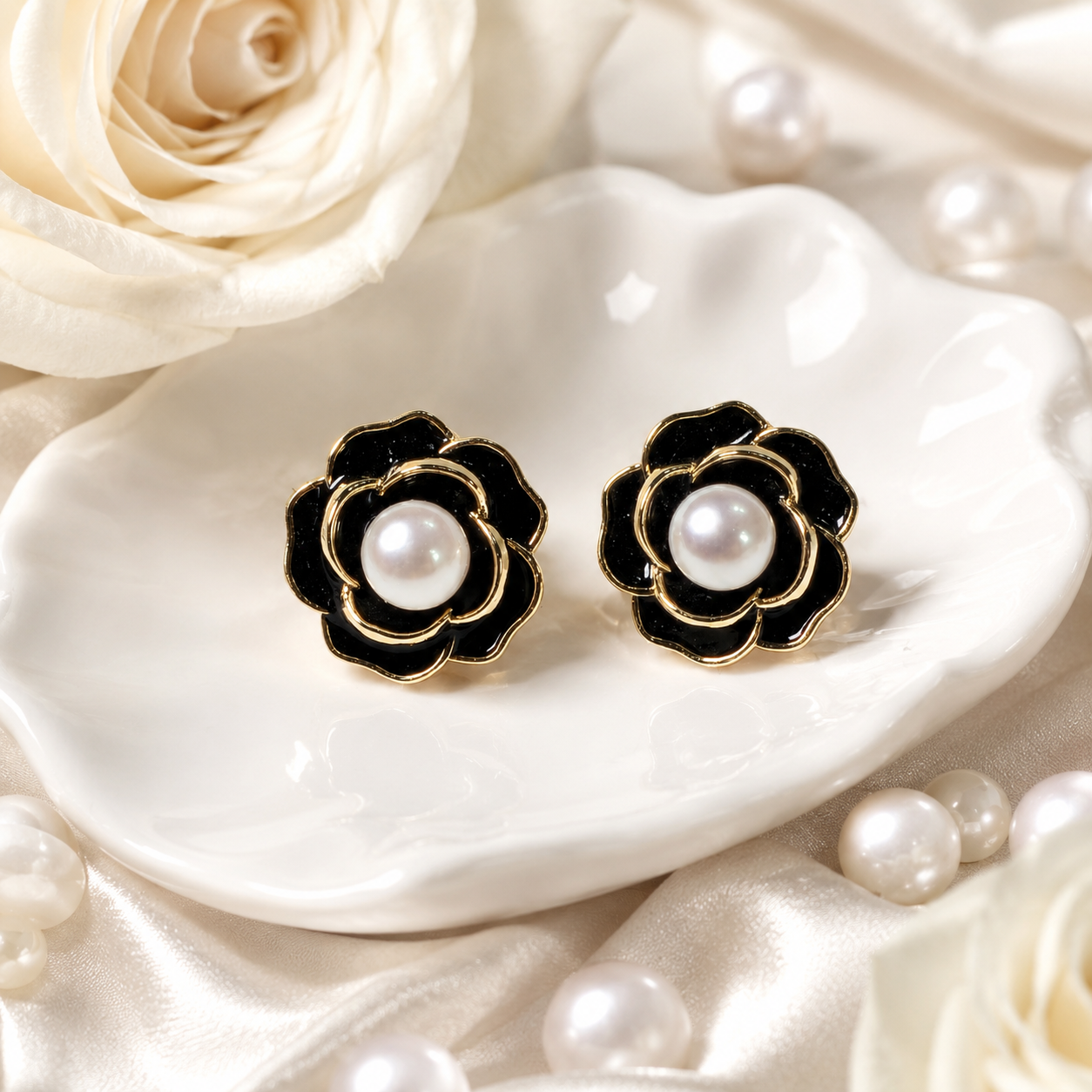 Black Camellia Pearl Studs
