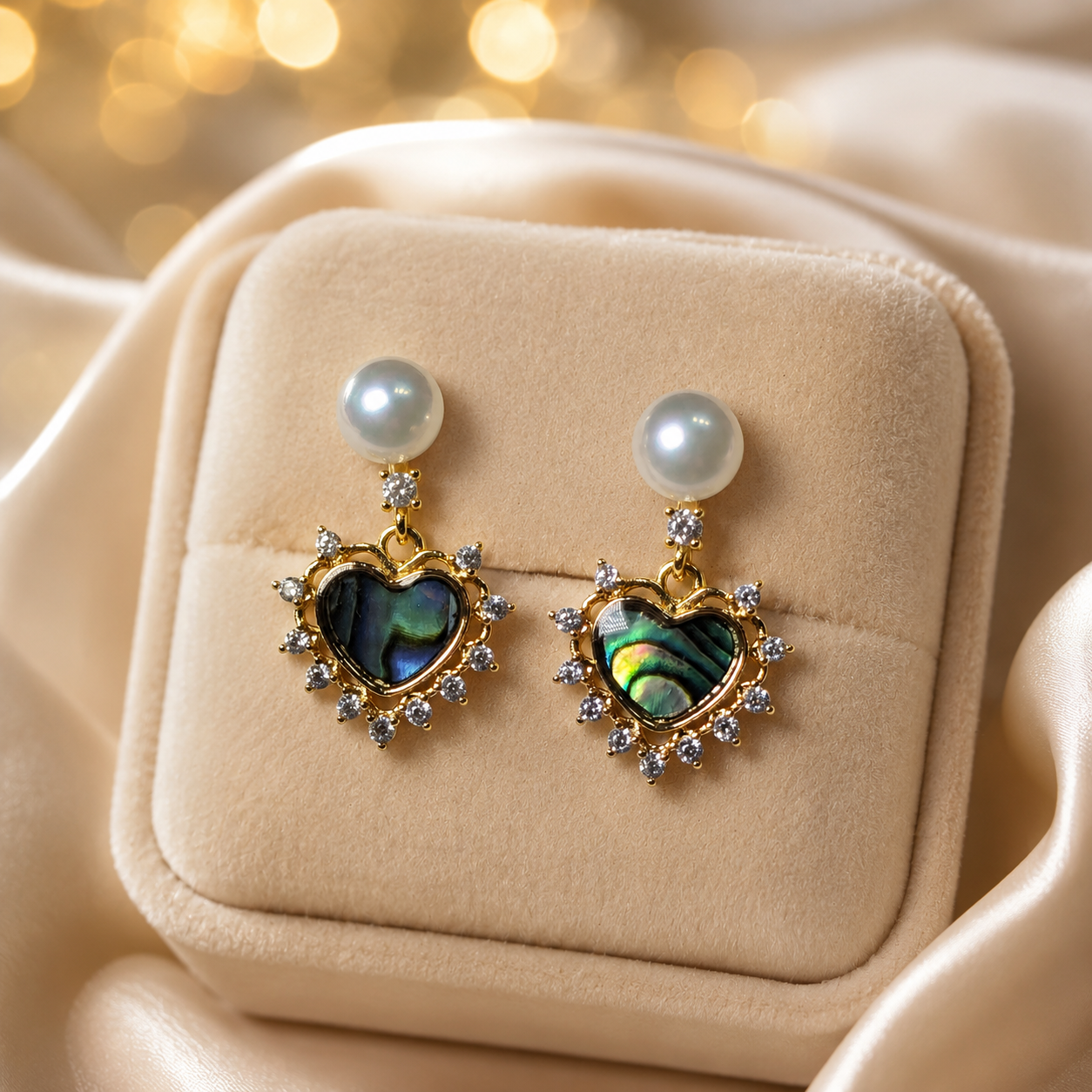 Abalone Heart Pearl Drops - Pave Halo