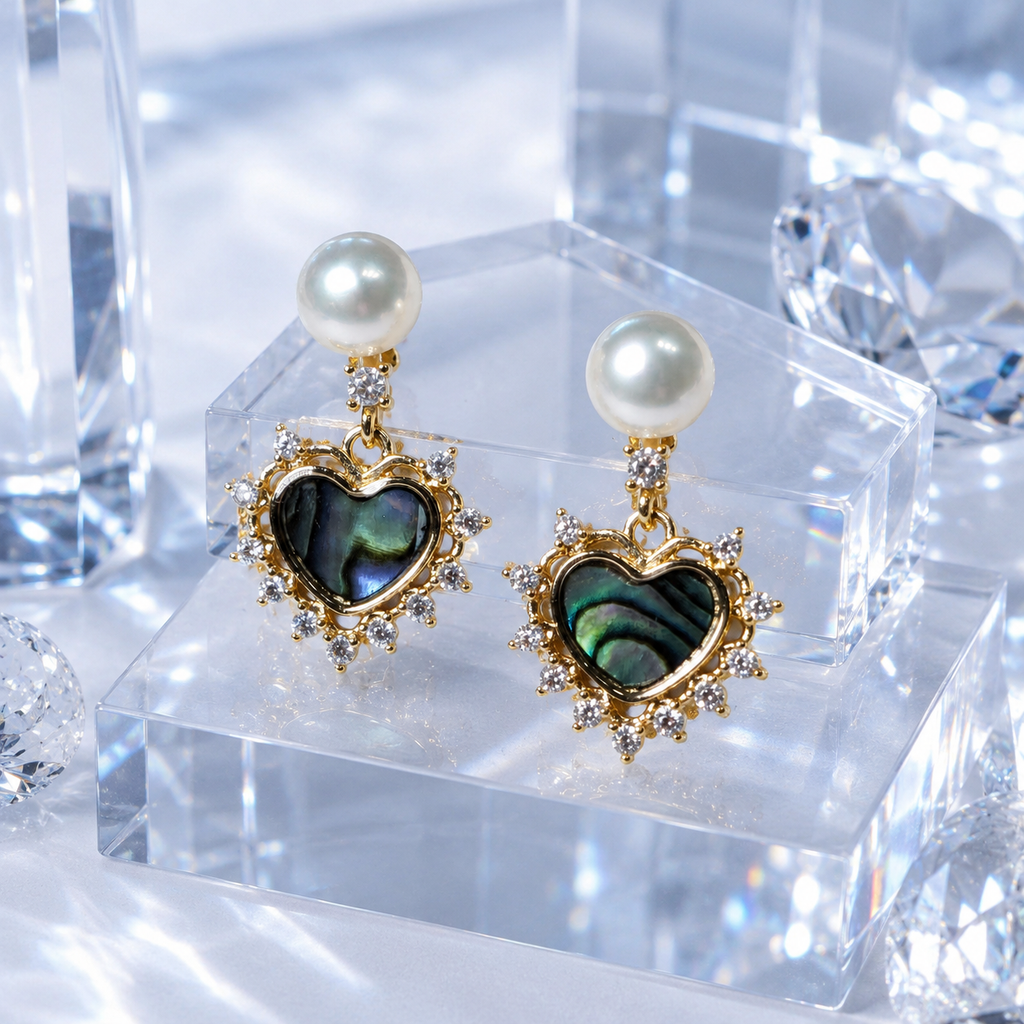 Abalone Heart Pearl Drops - Pave Halo