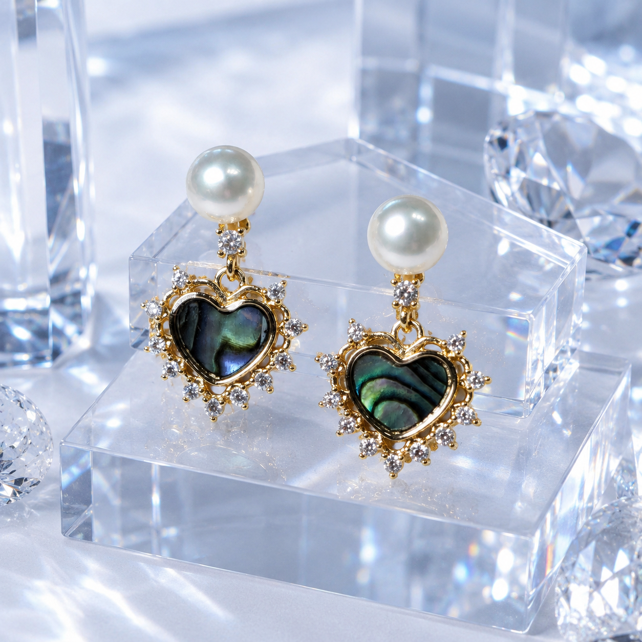 Abalone Heart Pearl Drops - Pave Halo