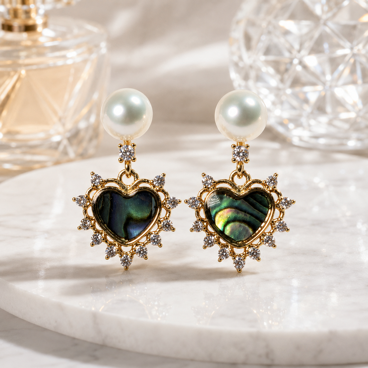 Abalone Heart Pearl Drops - Pave Halo