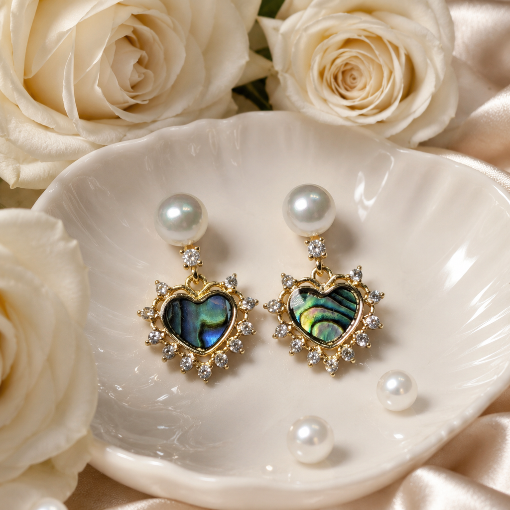 Abalone Heart Pearl Drops - Pave Halo