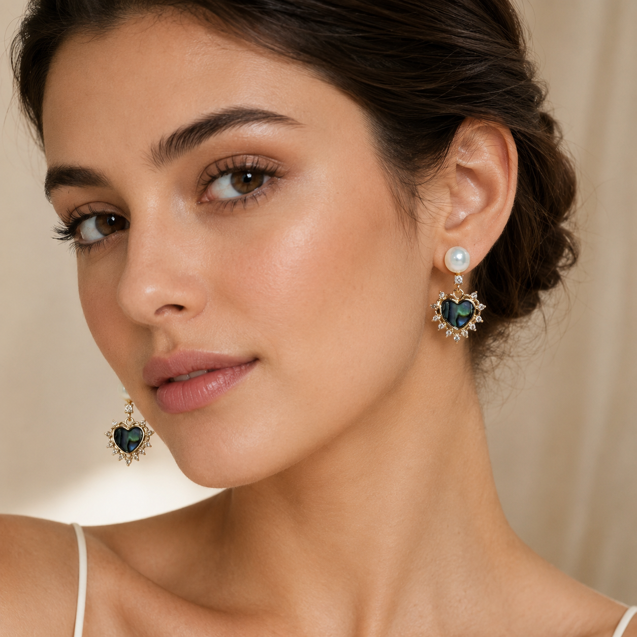 Abalone Heart Pearl Drops - Pave Halo