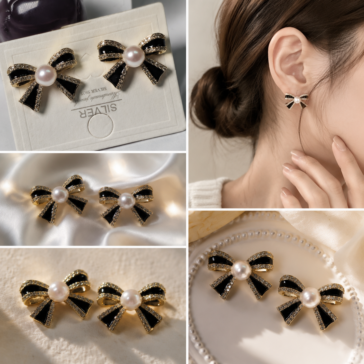 Black Bow Pearl Studs