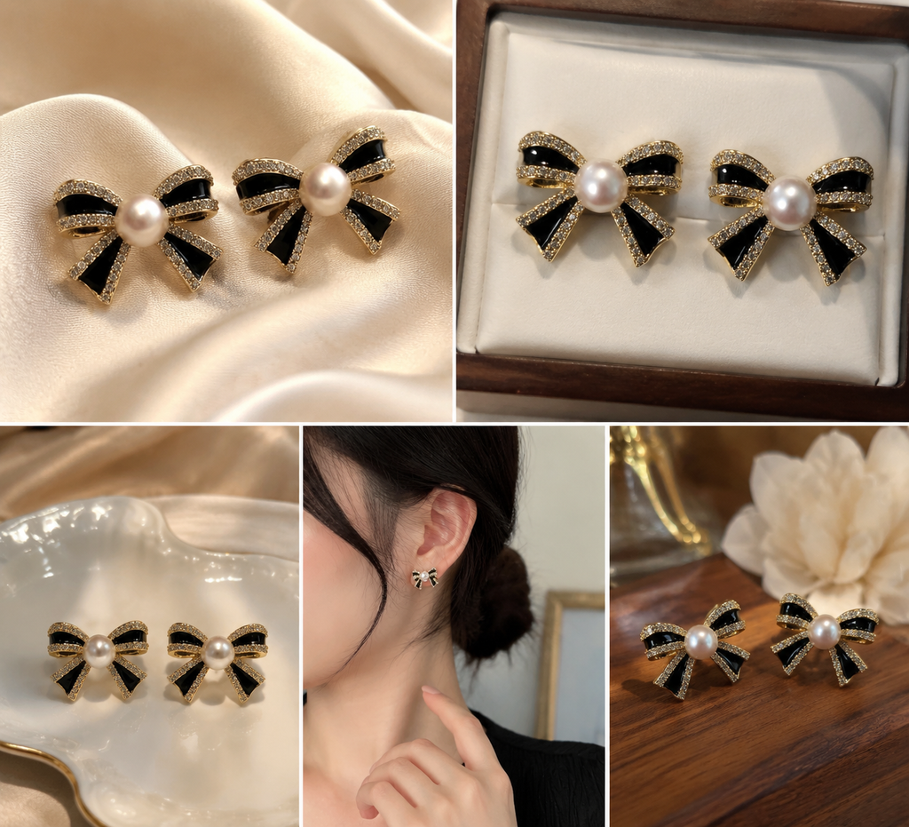 Black Bow Pearl Studs