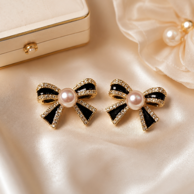 Black Enamel Bow Pearl Stud Earrings with CZ Accents