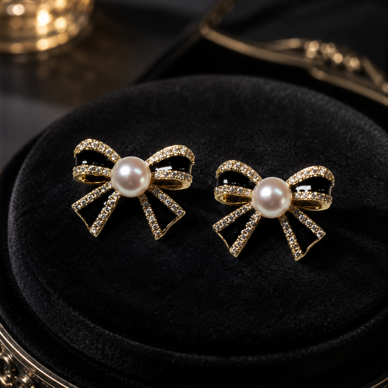 Black Bow Pearl Studs