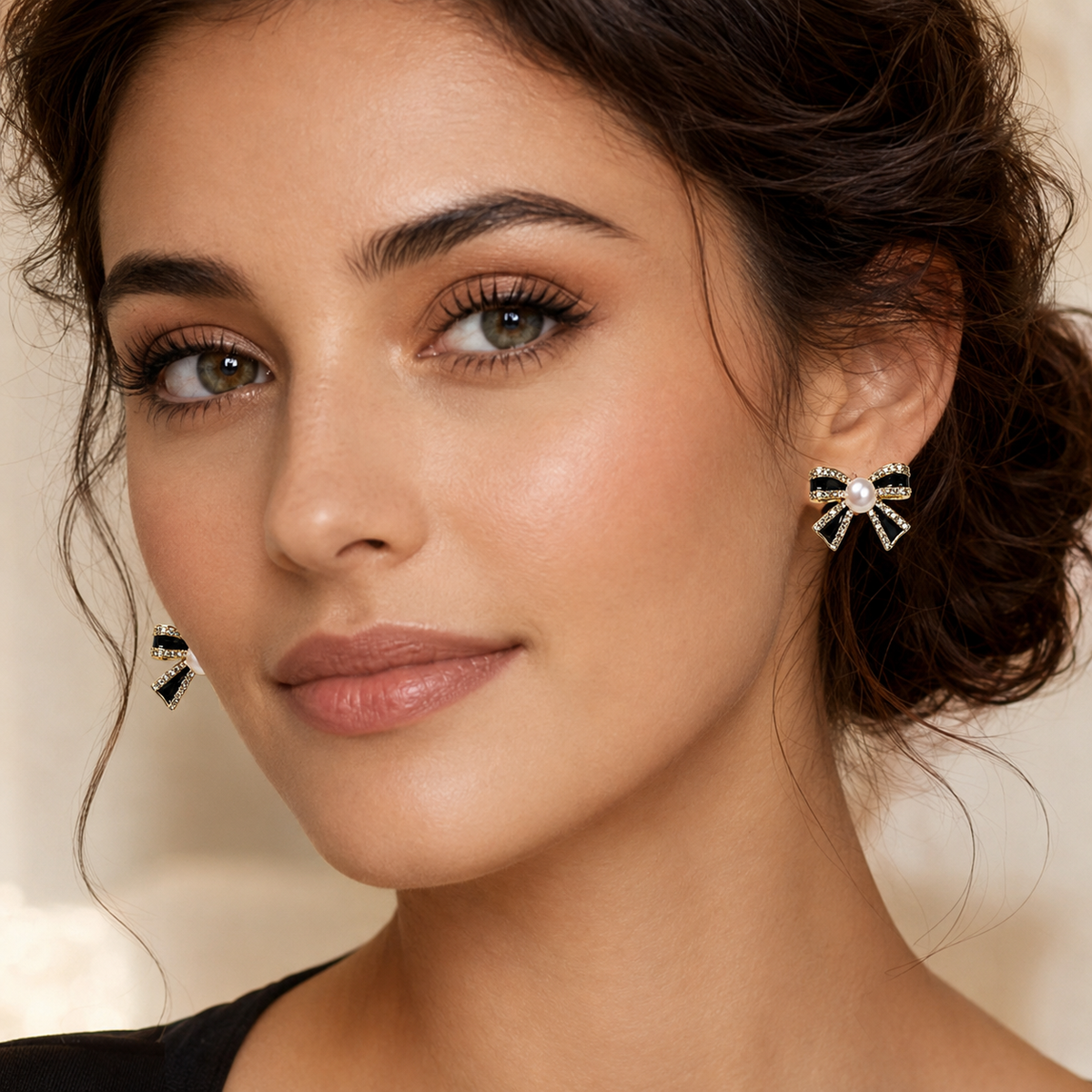Black Enamel Bow Pearl Stud Earrings with CZ Accents