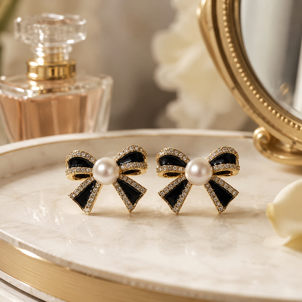 Black Bow Pearl Studs