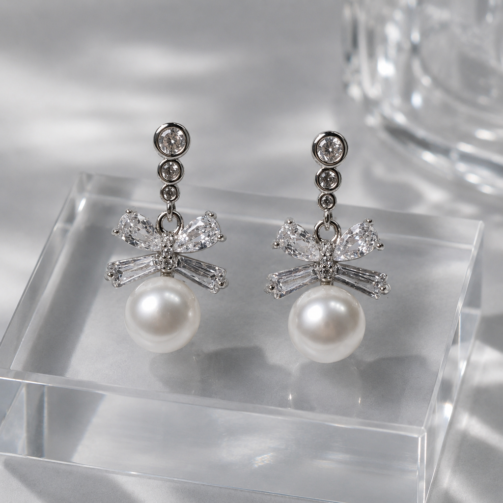 Silver Tone Bow Pearl Drops