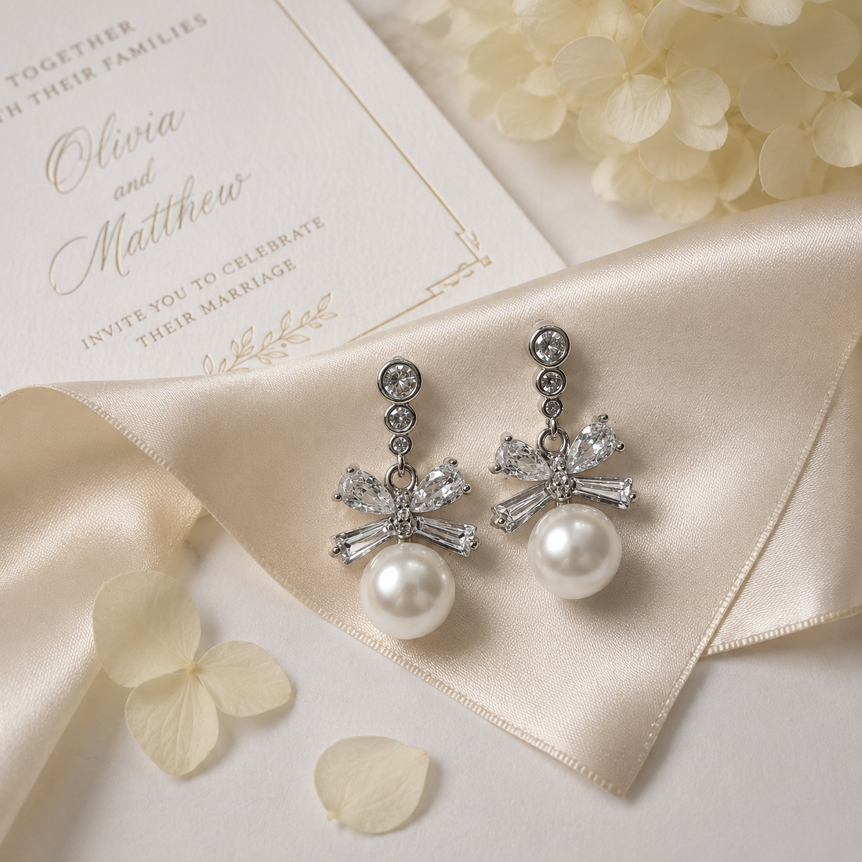 Silver Tone Bow Pearl Drops