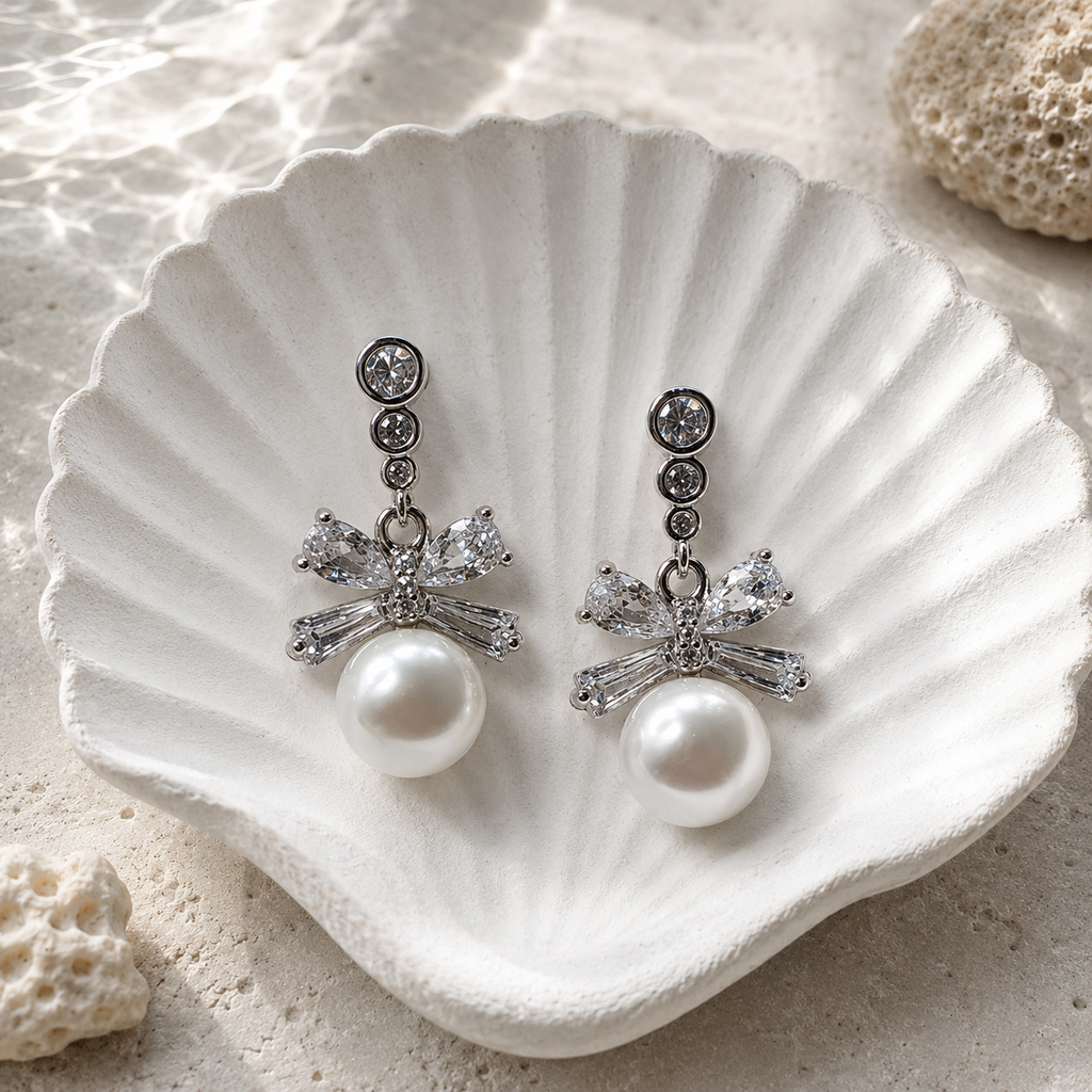 Silver Tone Bow Pearl Drops