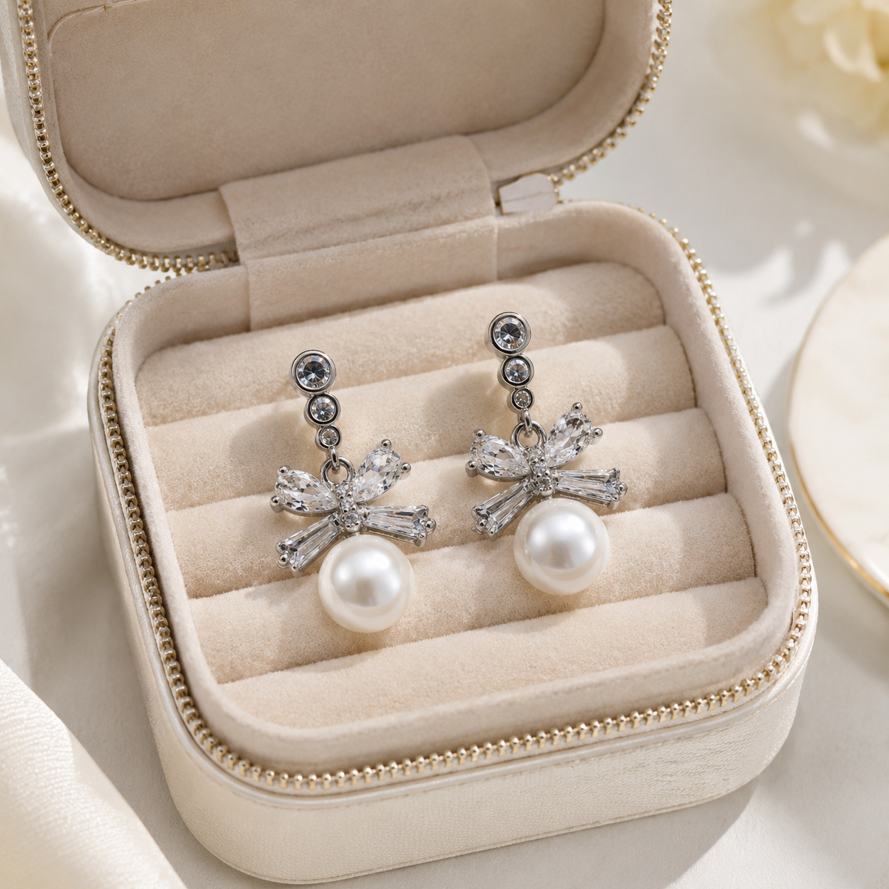 Silver Tone Bow Pearl Drops