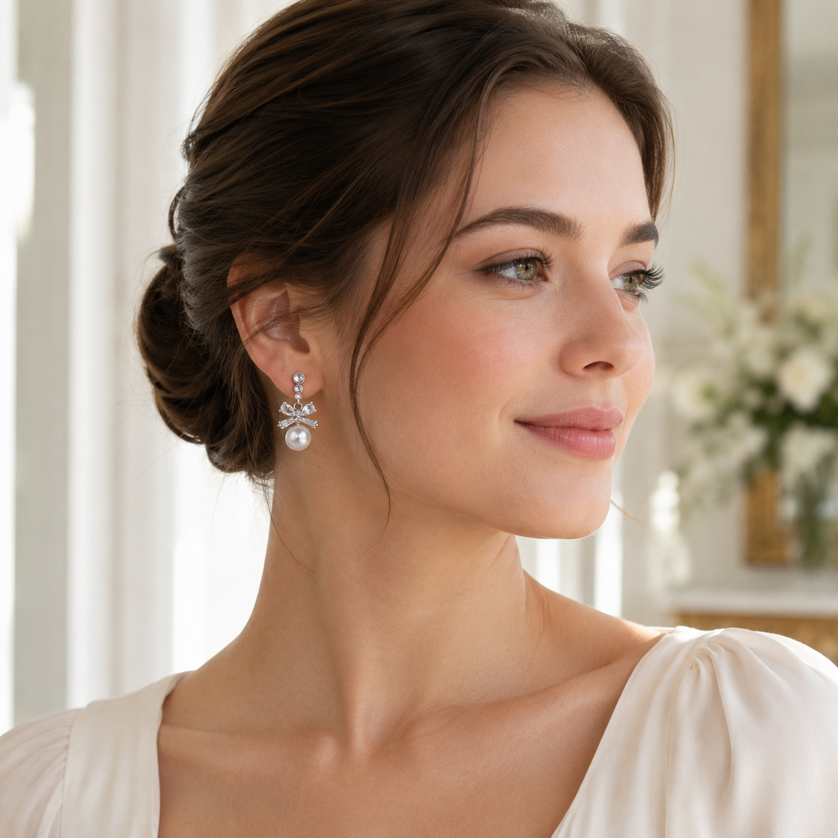 Silver-Tone Bow Pearl Drop Earrings with Mixed-Cut CZ