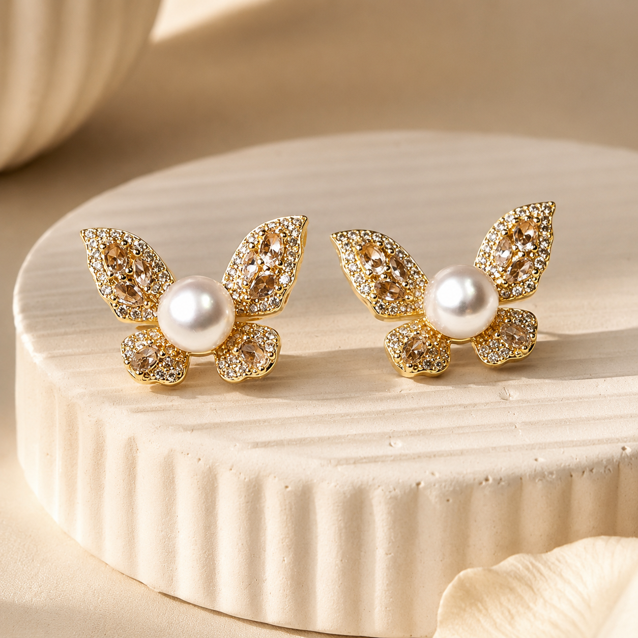 Champagne CZ Butterfly Freshwater Pearl Stud Earrings