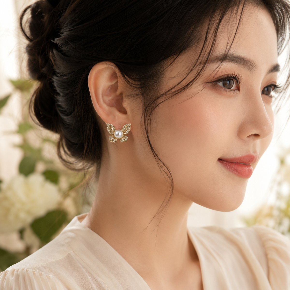 Champagne CZ Butterfly Freshwater Pearl Stud Earrings