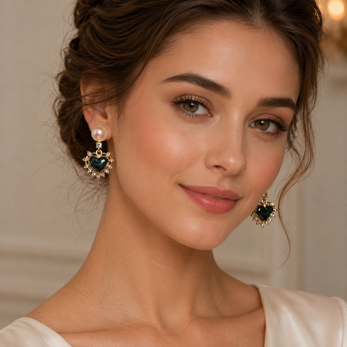 Abalone Heart Pearl Drop Earrings with Vintage CZ Halo