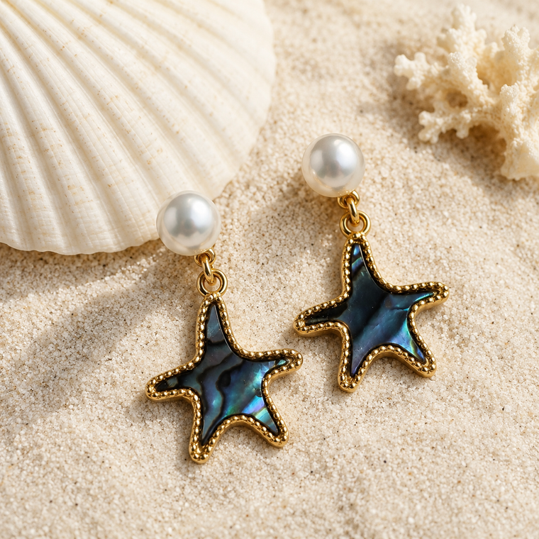 Abalone Starfish Freshwater Pearl Drop Earrings