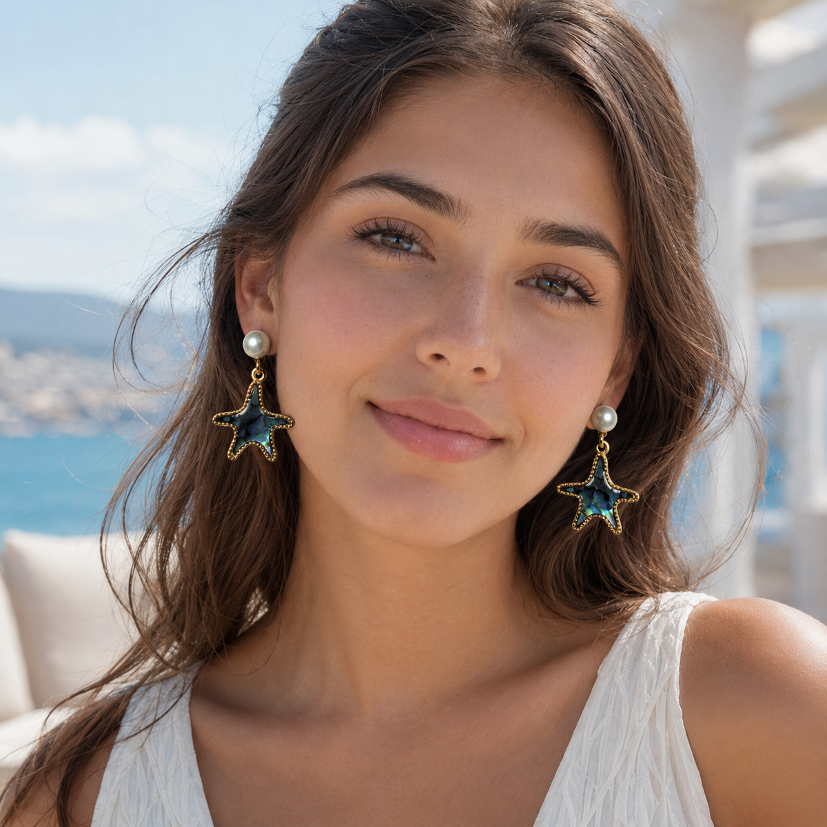 Abalone Starfish Freshwater Pearl Drop Earrings