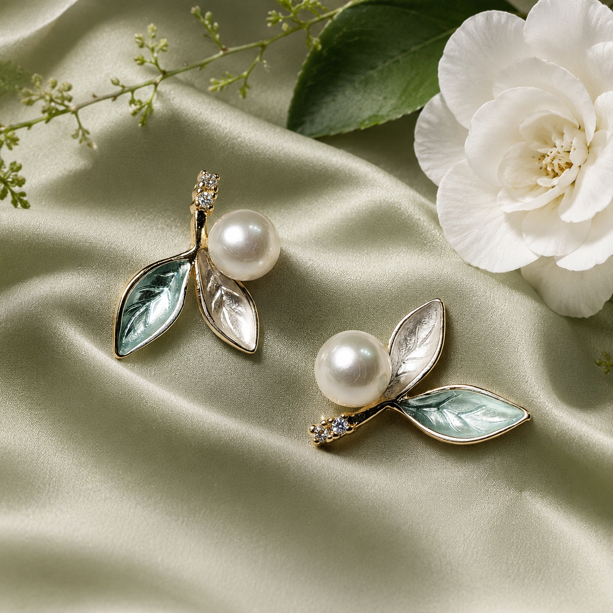 Mint Enamel Leaf Freshwater Pearl Stud Earrings with CZ