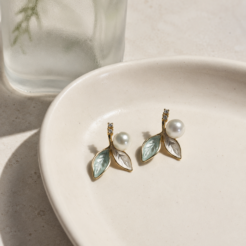 Mint Enamel Leaf Pearl Studs