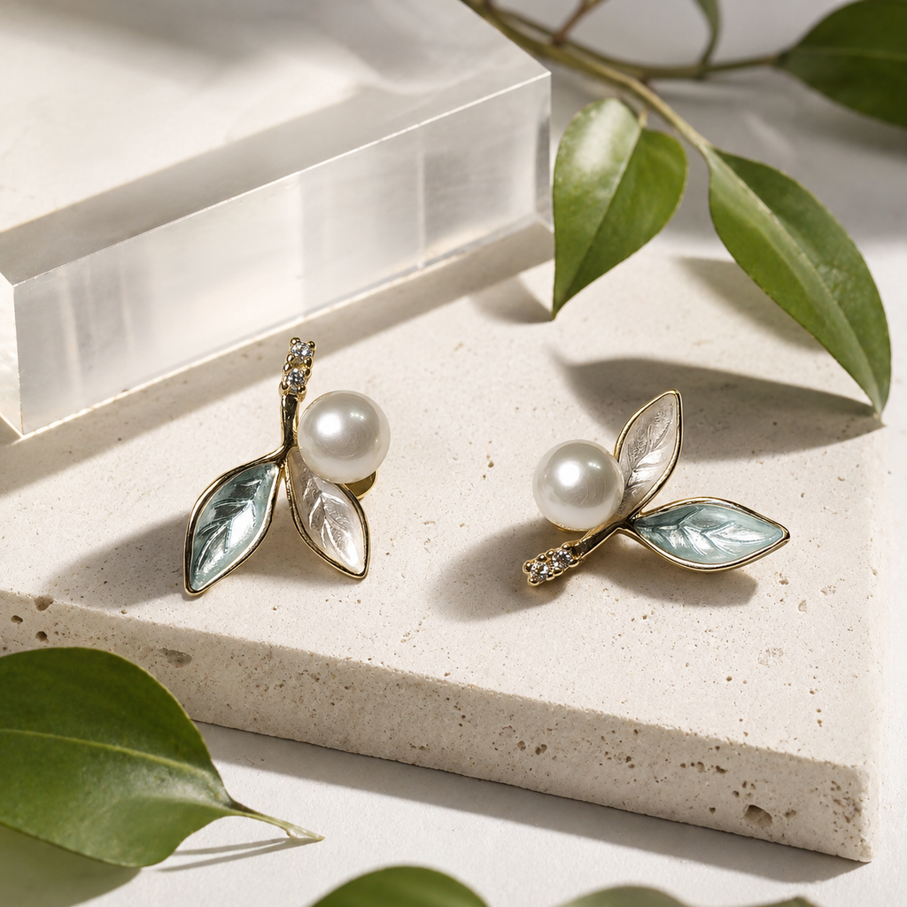 Mint Enamel Leaf Pearl Studs