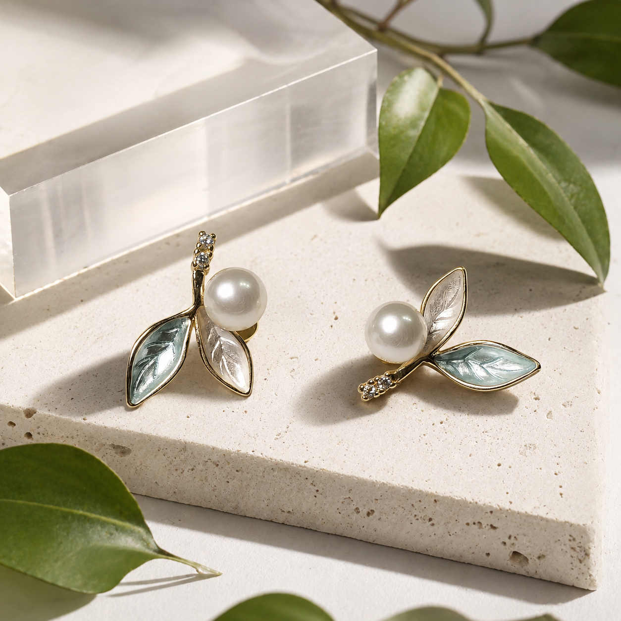 Mint Enamel Leaf Pearl Studs
