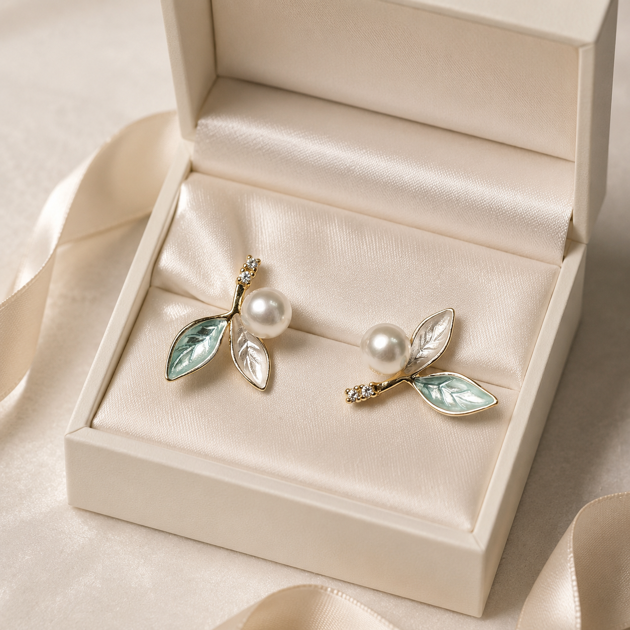 Mint Enamel Leaf Pearl Studs