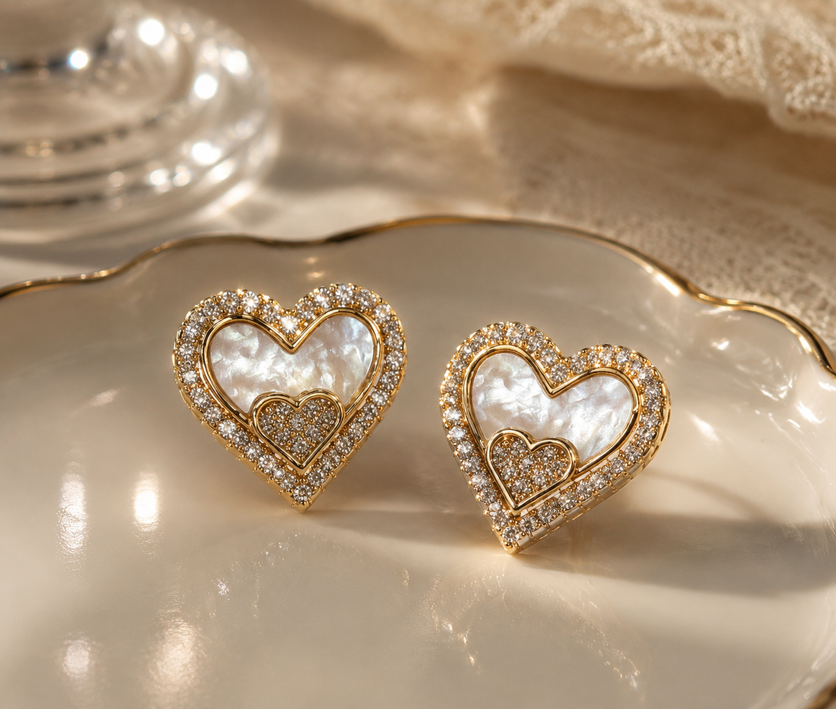 Mother-of-Pearl Double Heart Stud Earrings with CZ