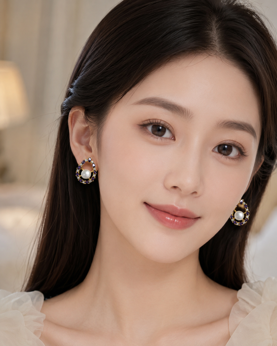 Purple CZ Pearl Studs - Marquise
