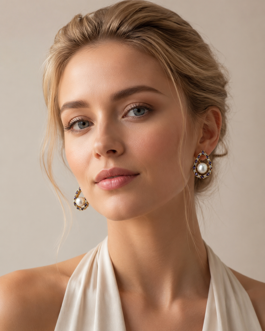 Purple CZ Pearl Studs - Oval Halo