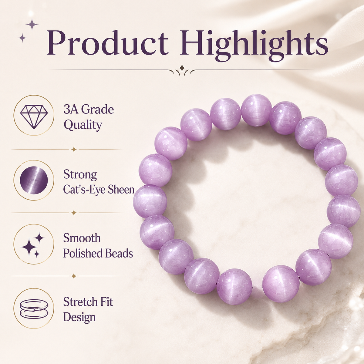 Purple Kunzite Cat Eye Bracelet - 12mm