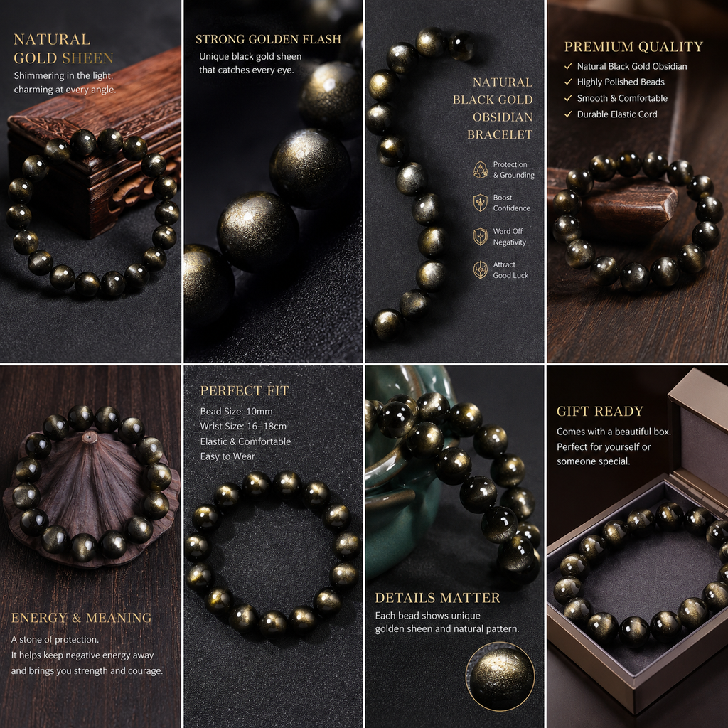 Gold Sheen Obsidian Bracelet - 12mm Protection & Wealth