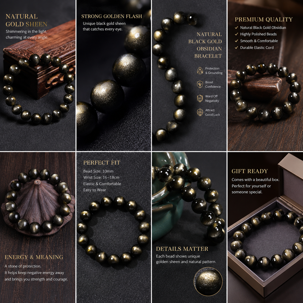 Gold Sheen Obsidian Bracelet - 12mm Protection & Wealth