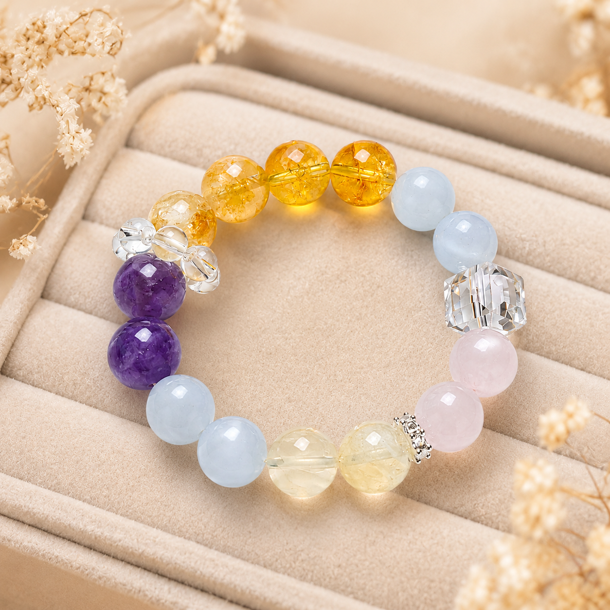 Calm Love Duo Bracelet — Blue Chalcedony, Rose Quartz, Citrine & Sodalite — 12mm