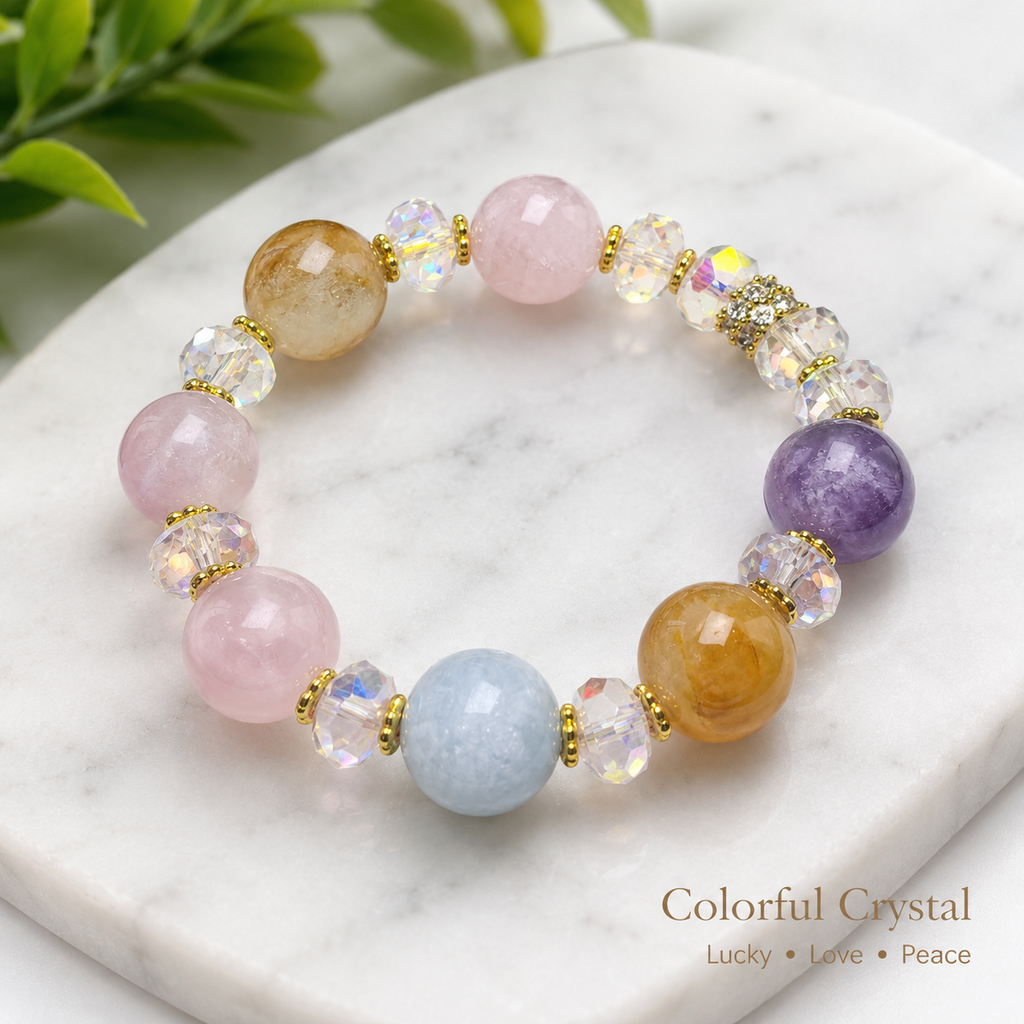 Daily Balance Multi-Crystal Bracelet — Rose Quartz, Citrine, Amethyst & Aquamarine — 14mm