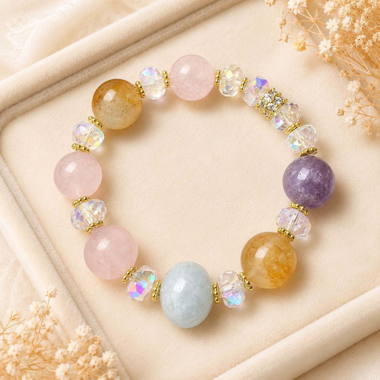 Daily Balance Multi-Crystal Bracelet — Rose Quartz, Citrine, Amethyst & Aquamarine — 14mm