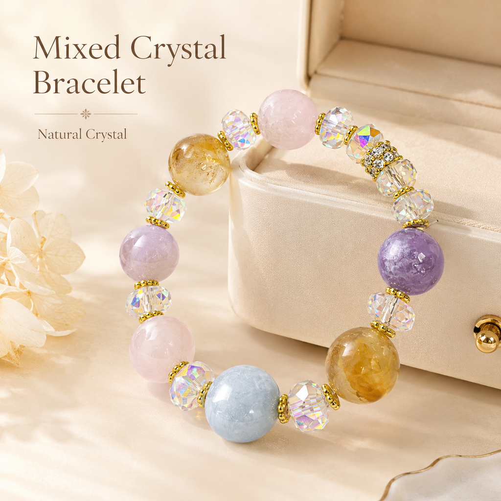 Daily Balance Multi-Crystal Bracelet — Rose Quartz, Citrine, Amethyst & Aquamarine — 14mm