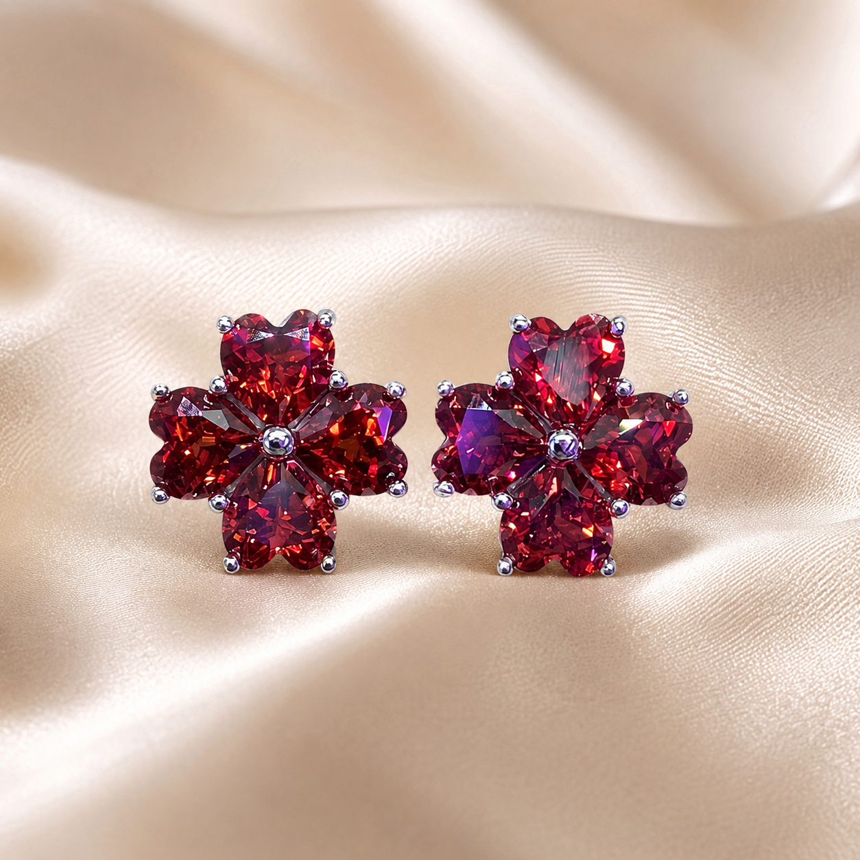 Natural Garnet Flower Stud Earrings in 925 Sterling Silver, 4mm Gemstones