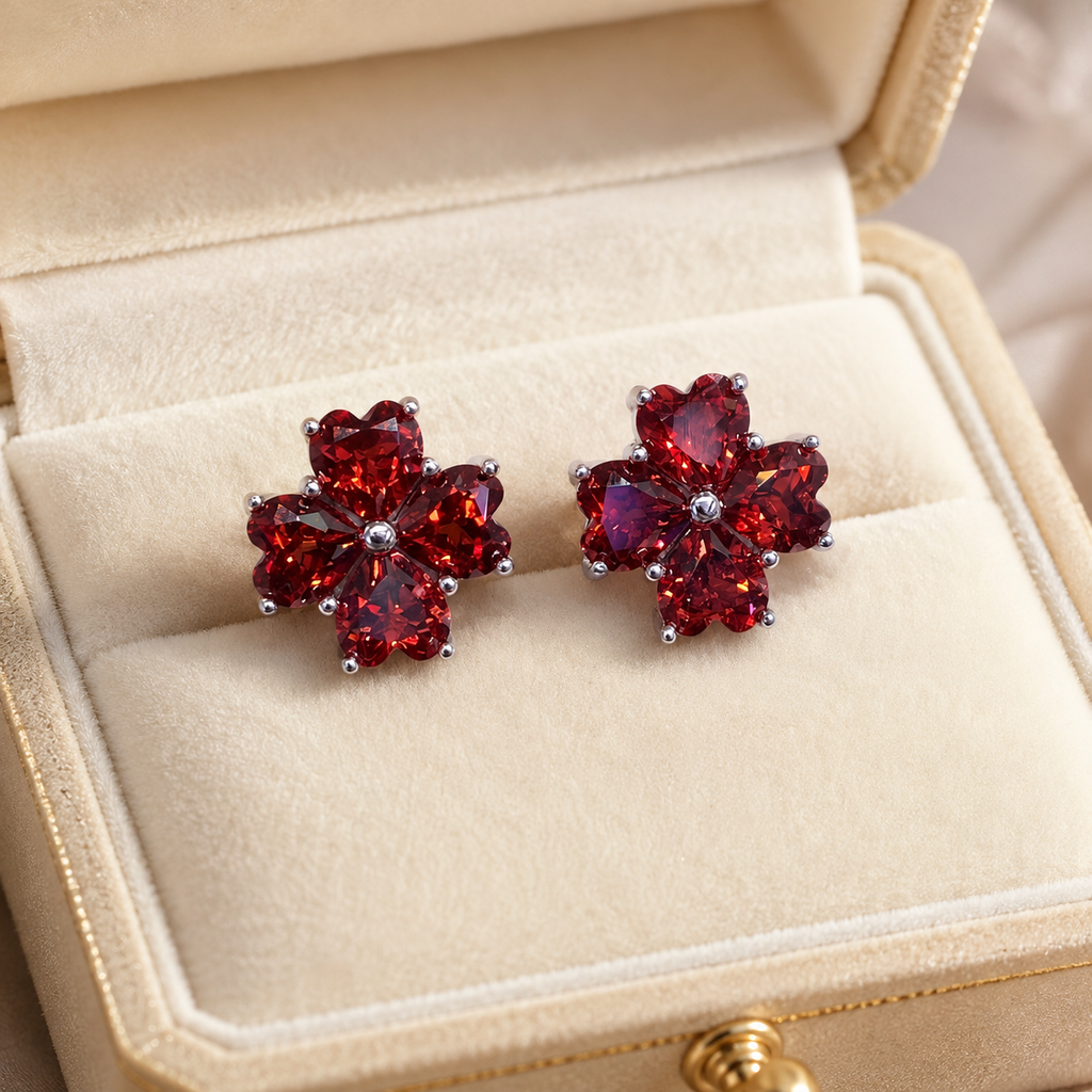 Natural Garnet Flower Stud Earrings in 925 Sterling Silver, 4mm Gemstones
