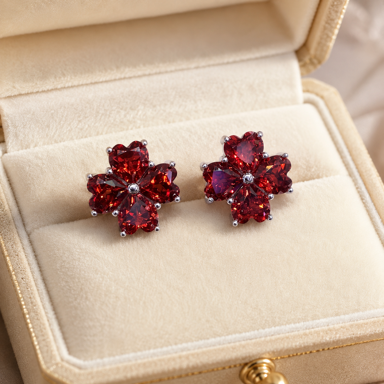 Natural Garnet Flower Stud Earrings in 925 Sterling Silver, 4mm Gemstones