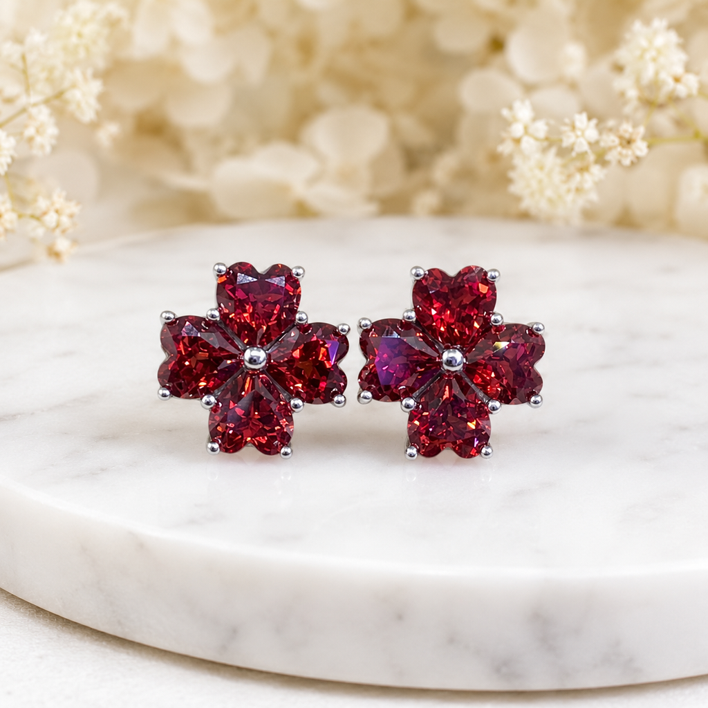 Natural Garnet Flower Stud Earrings in 925 Sterling Silver, 4mm Gemstones